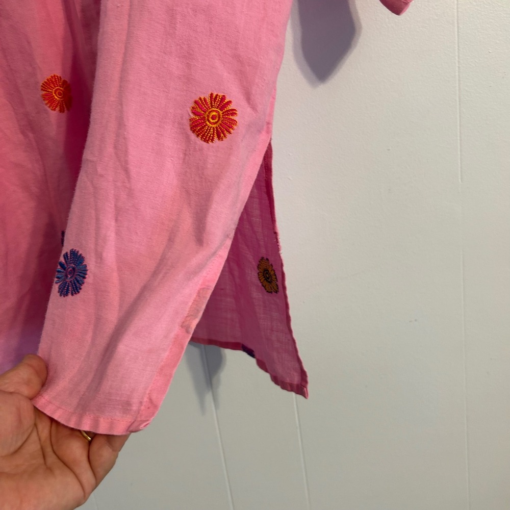 Casey Coleman Pink 100% Linen Embroidered Daisy Button Up Shirt Womens Large - Picture 8 of 11